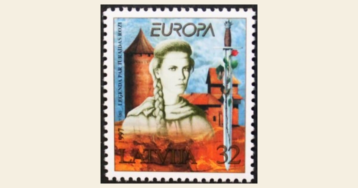 1997 m. Latvijos EUROPA pašto ženklas — Turaidos Rožės legenda — dailininkas Juris Utāns