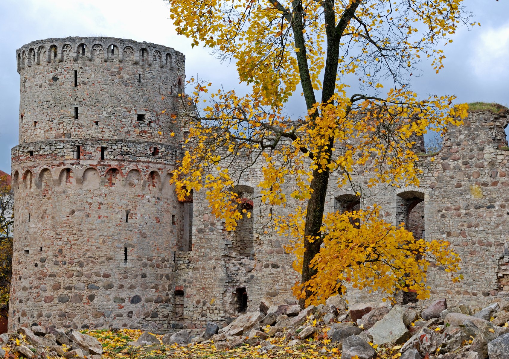 Cēsių pilies akmens sienos auksinės rudens lapijos rėmuose