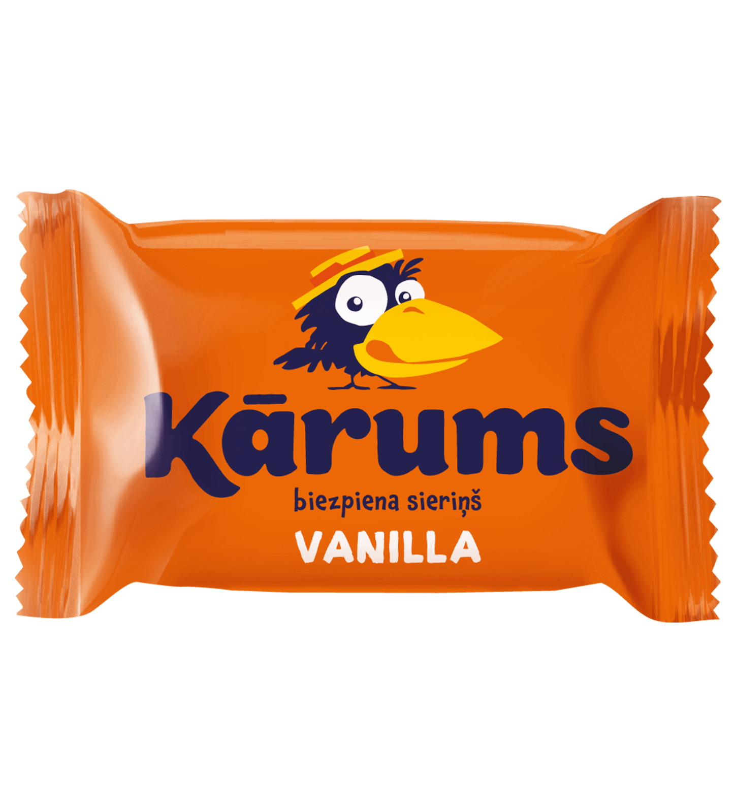 Kāruma Biezpiena sieriņš vanilės skonio, latviškas varškės sūrelis be šokolado glaisto oranžiniame vyniojime su nupieštu Kāruma varnu